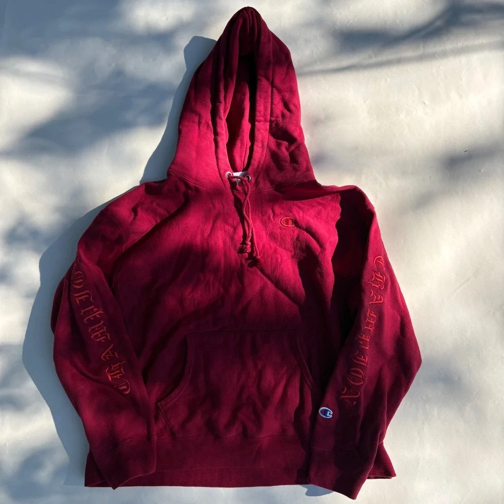 Champion Reverse Weave Hoodie Kids XL Burgundy Gothic Script Sleeve Pullover